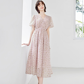 纳纹2025夏季 V领碎花裙中长裙显瘦雪纺连衣裙 女式 新款 高级感款