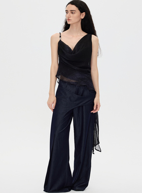 F1protagonist 晕染黑/薄荷绿串珠荡领不对称收腰飘带夏季吊带女