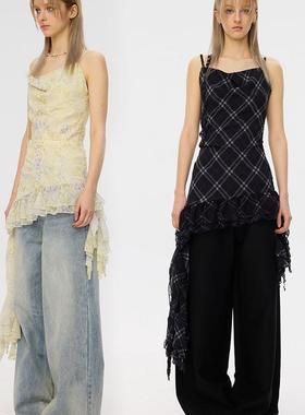 F1protagonist 荡领荷叶边下摆不规则叠穿吊带女夏季无袖连衣裙