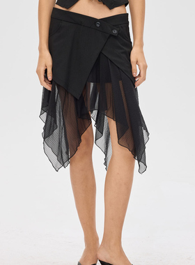 F1protagonist 拼接网纱解构西装不规则拼接多层设计感半身裙女