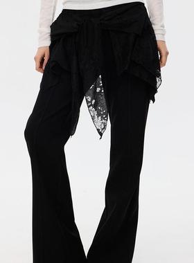 F1protagonist  蕾丝假两件拼接休闲裤女春夏喇叭裙裤百搭黑长裤