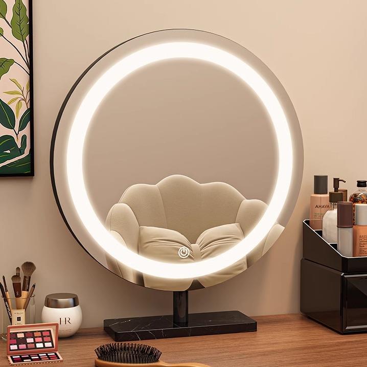 轻奢led带灯化妆镜台式桌面梳妆台宿舍卧室补光充电可旋转大镜子