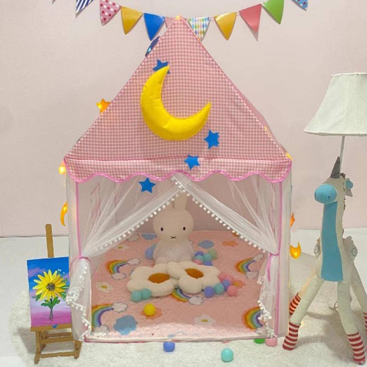 薄纱格子儿童帐篷室内游戏屋可移动城堡别墅三角顶小屋玩具小房子