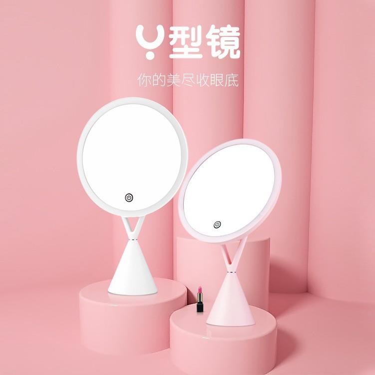 智能调光三色光源led化妆镜台式带灯桌面补光镜可充电女神镜子