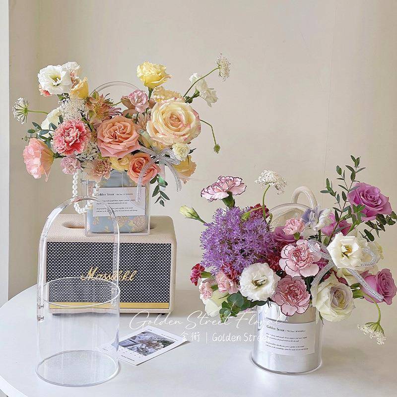 亚克力手提花盒透明长方形圆形亚克力花篮鲜花礼盒插花盒伴手礼盒