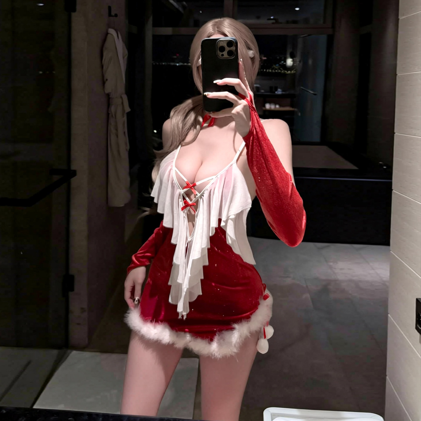 性感红色圣诞战袍约会穿搭睡衣制服纯欲超好看的秋冬装毛绒连衣裙
