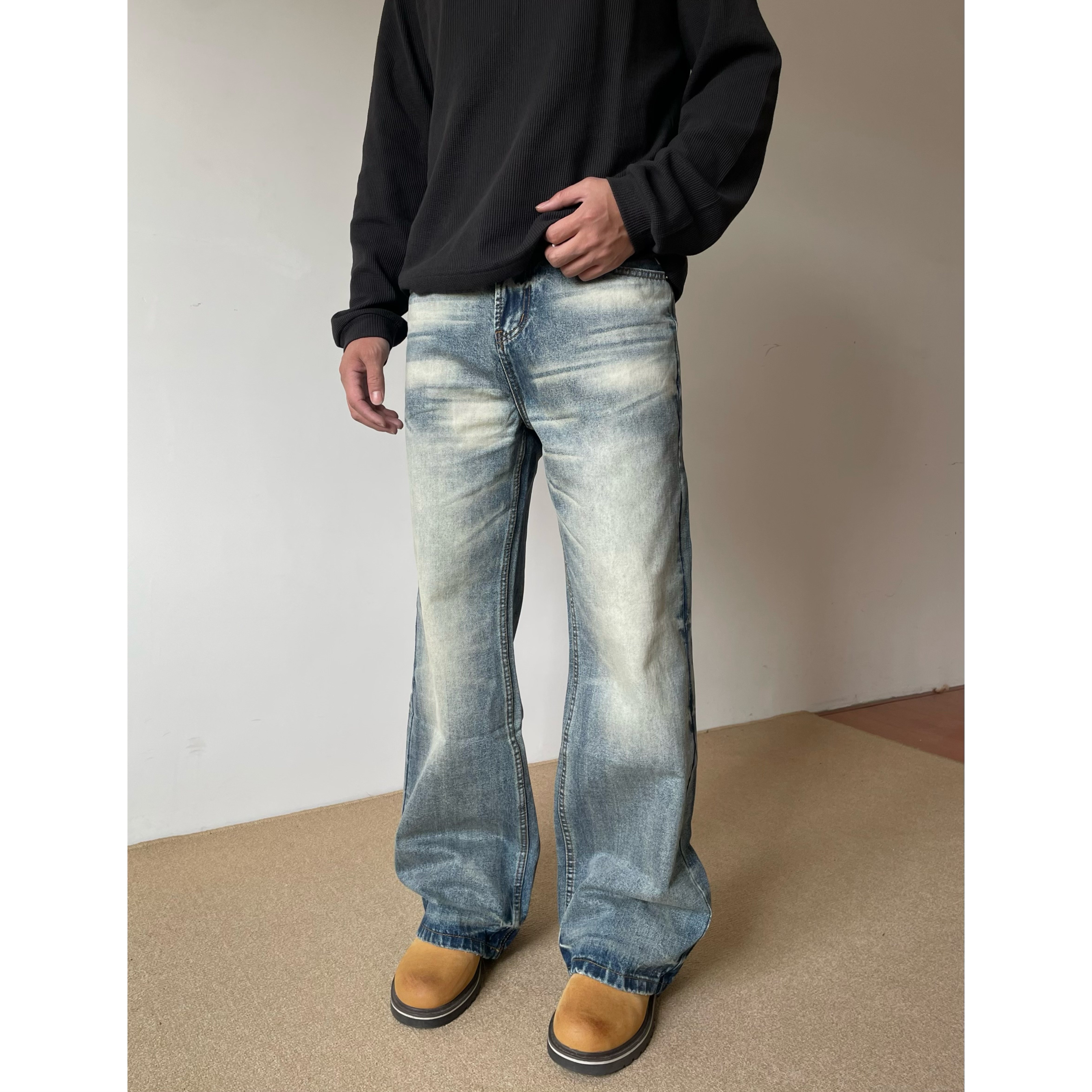 黑熊美式冰蓝水洗做旧猫须直筒微宽松牛仔裤高级感百搭长裤男6971