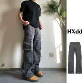 美式 做旧复古风琴式 大口袋水洗立体剪裁直筒工装 黑熊 牛仔裤 6222B