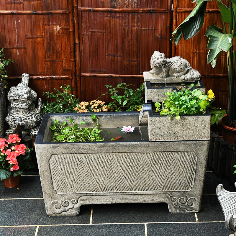 户外庭院方缸鱼池喷泉 水循环流水摆件 露L台花园造景布置树脂鱼