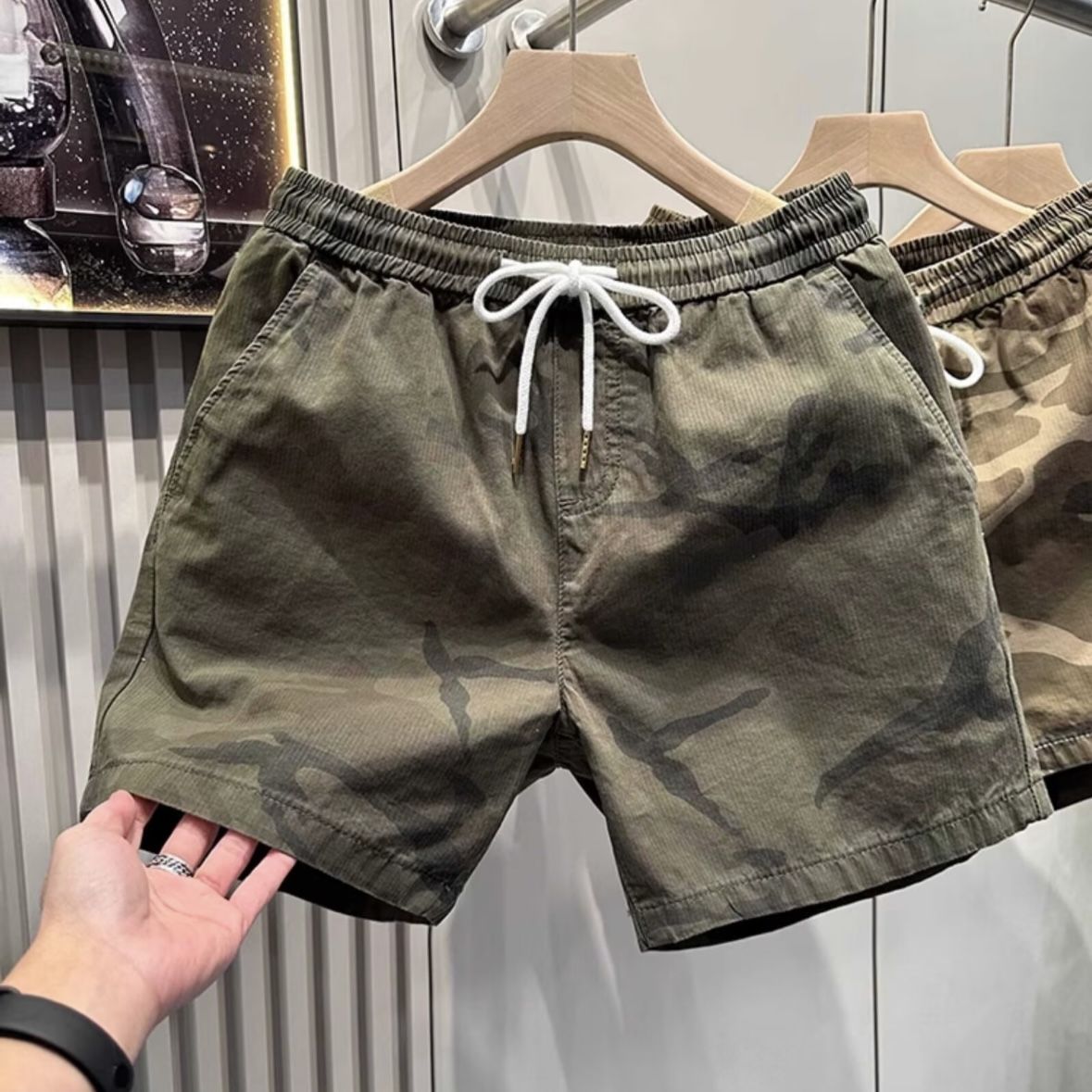 小众宽松四分迷彩松紧短裤