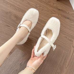 外穿保暖2024新款 高跟气质鞋 高跟玛丽珍粗 b1秋冬加绒毛毛鞋 X601