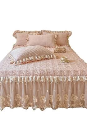 冬季公主床牛裙件奶珊加瑚绒单床罩款床单夹棉厚床盖带裙边453170