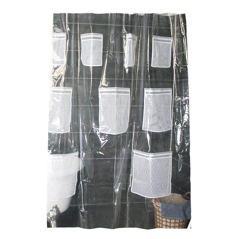 浴EVA能半透明带口袋浴帘多功多用途浴室收纳防水PEVA半透防霉加