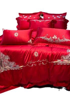 中新式红色婚庆四件套H110结婚婚嫁床用上刺绣陪大红色长绒棉嫁床