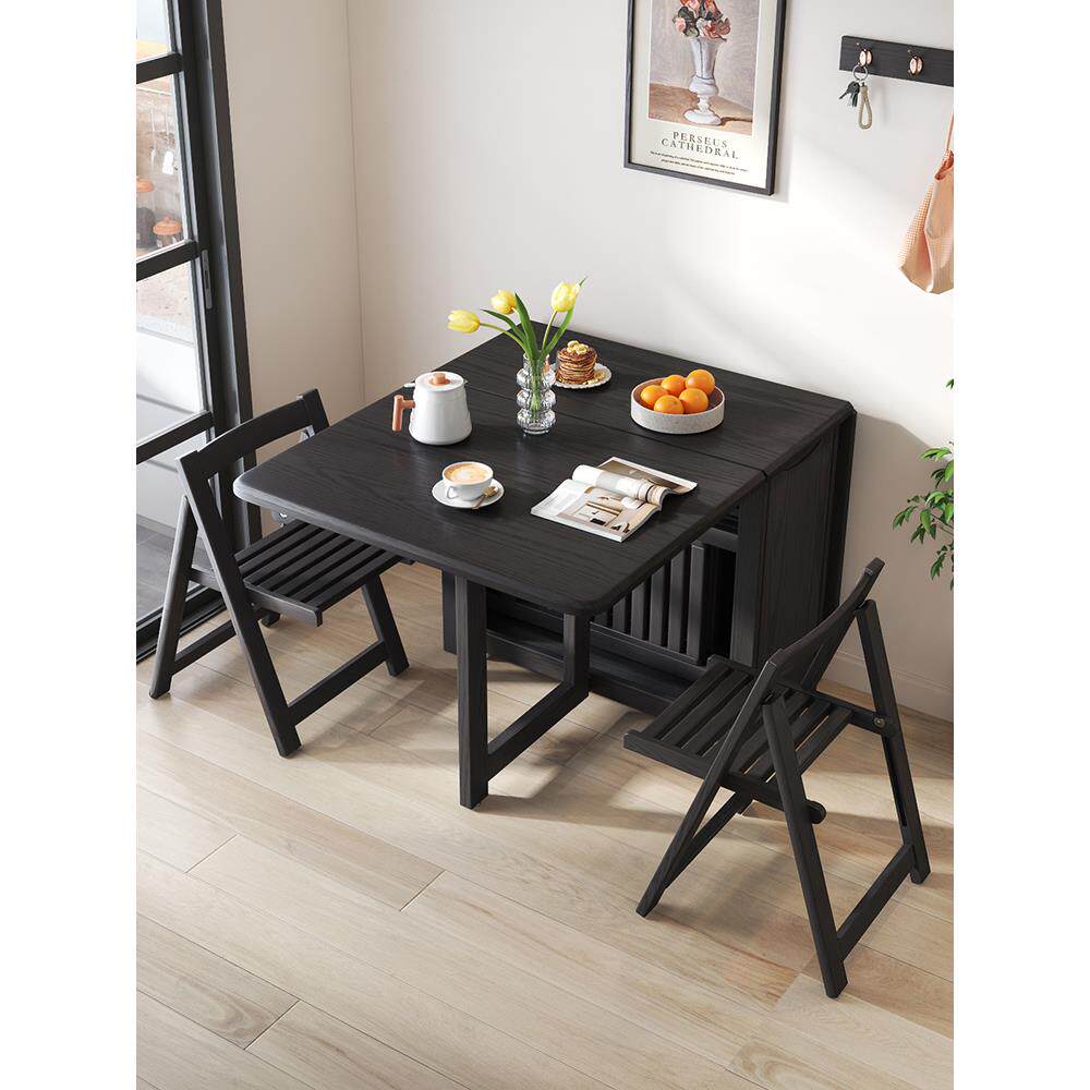 实木折叠餐桌家用小户型黑色可伸缩收缩饭桌折叠桌可折叠吃饭桌子