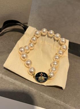 黑色搪瓷扣珍珠手链磁扣珐琅手链甜酷风珍珠磁吸手饰