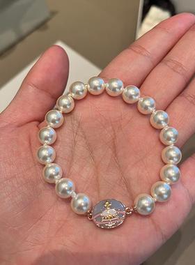 彩色搪瓷扣珍珠手链新款磁扣手链磁吸珐琅土星珍珠手饰