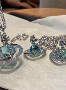 大号冰川蓝飞行士orb项链立体土星星球吊坠彩钻毛衣链长链