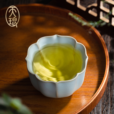 天琅窑 汝窑天青宝相杯 蝉翼纹可养开片高端茶具主人杯收藏
