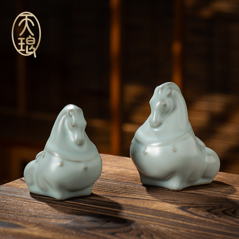 汝窑马茶宠 马壮福盈茶宠组 蝉翼纹开片 高端陶瓷茶具礼盒装 天青