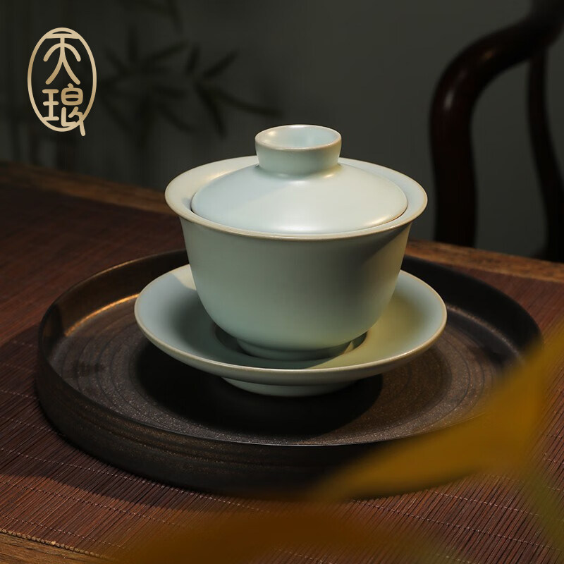 天琅窑 汝窑天青如意盖碗 开片三才茶碗家用功夫茶具 如意盖碗
