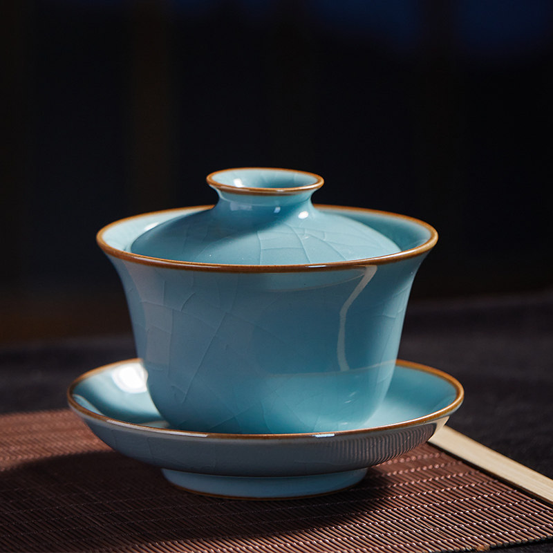 哥窑盖碗高端汝窑茶礼送礼泡茶功夫茶茶具茶器瓷器冰裂纹青瓷