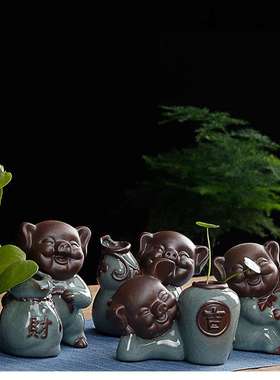 创意可爱四只小猪花器，室内绿植紫砂开片茶宠茶具摆件，花插花瓶