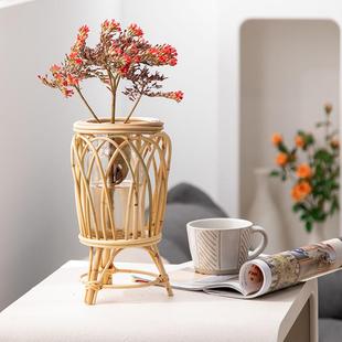 藤编花架套玻璃花瓶水养玫瑰百合富贵竹餐桌干花鲜花插花摆件摆台