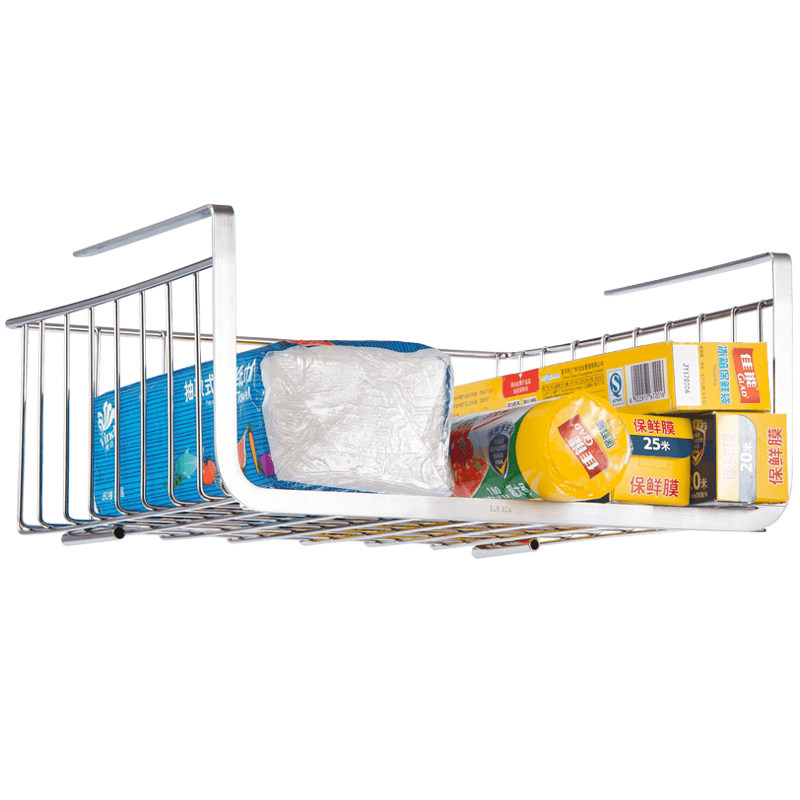 304不锈钢储物j架厨房收纳挂篮免打孔桌下篮 吊柜分层架橱柜下挂