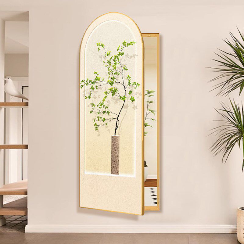 奶油风玄关墙面隐藏式侧开门全身镜挂画绿N植钟表款晶瓷面装饰画