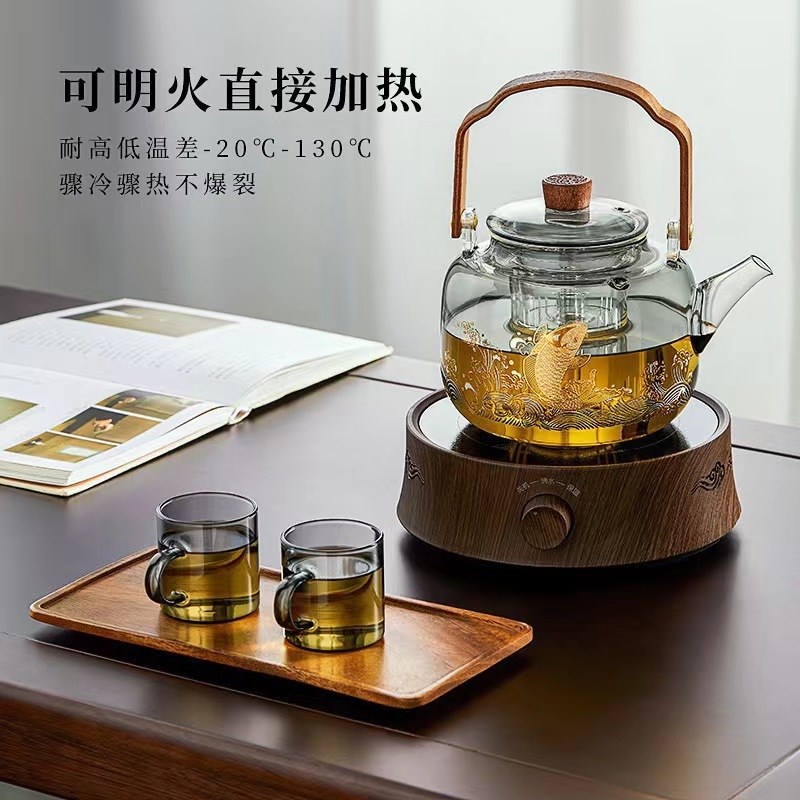 透黑大容量蒸煮一体两用提梁煮茶壶耐热高硼N硅加厚玻璃电陶炉专