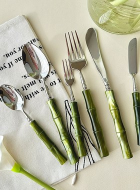 西餐具牛排刀叉套装出口创意深绿色竹节轻奢高级304X不锈钢刀叉勺
