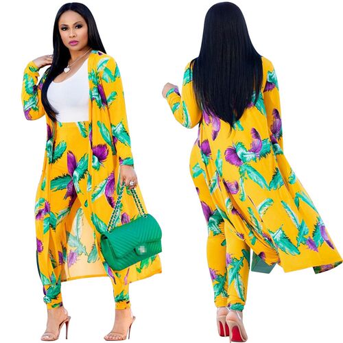 好货Women print long sleeve cardigan pants summer two piece