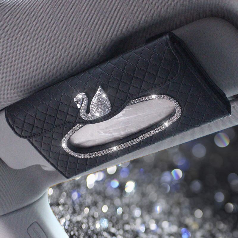 车载车用纸巾盒遮阳板天鹅镶钻水晶车内挂式抽纸盒女可爱汽车用品