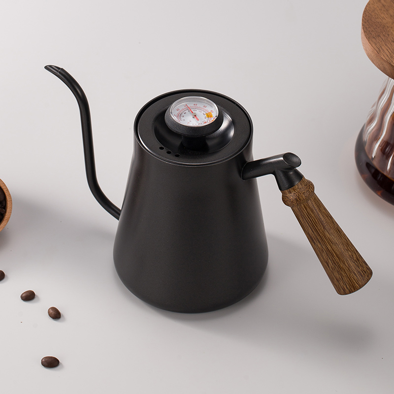 手冲壶咖啡家用304不锈钢木手柄带温度计M滴滤挂耳长嘴咖啡冲泡壶