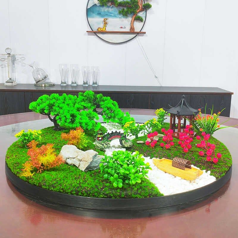 酒店会所餐桌大圆桌桌面创意摆件转F盘中间造景摆花微景观装饰品