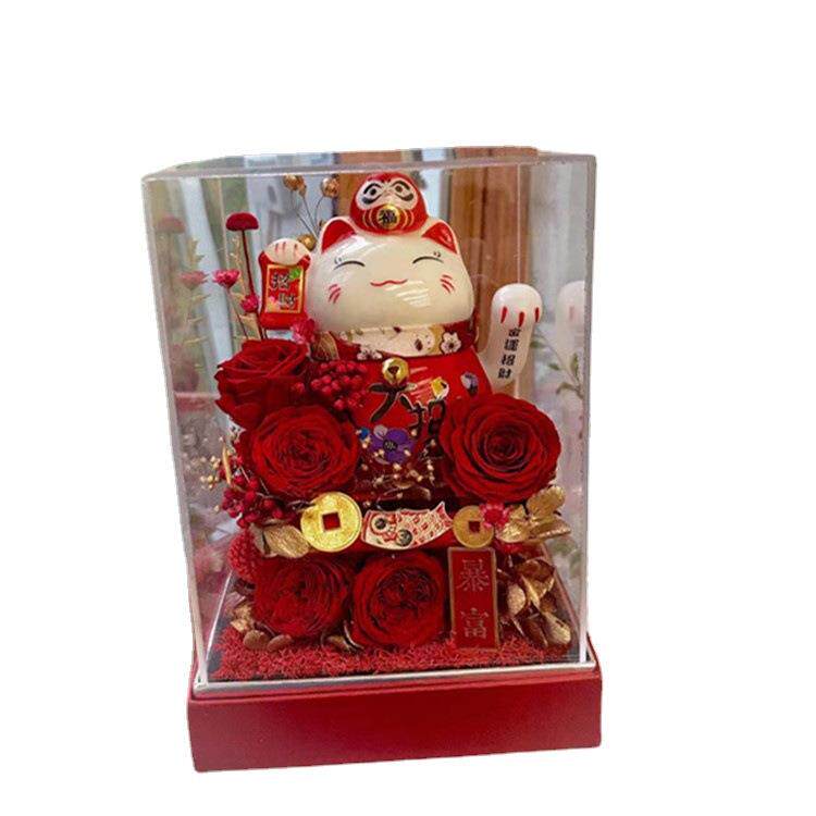 玫瑰花永生花招财猫新年礼物送长辈送朋友开业招财客厅办公室摆件