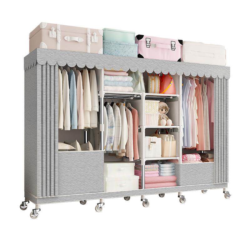 拉链全封闭简易布衣柜钢管加粗加固加厚全钢架收纳布柜家用带轮子