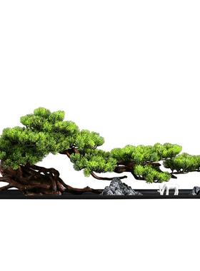 客厅实木仿真迎客松盆景摆件新中式玄关桌面装饰品样板间景观造景