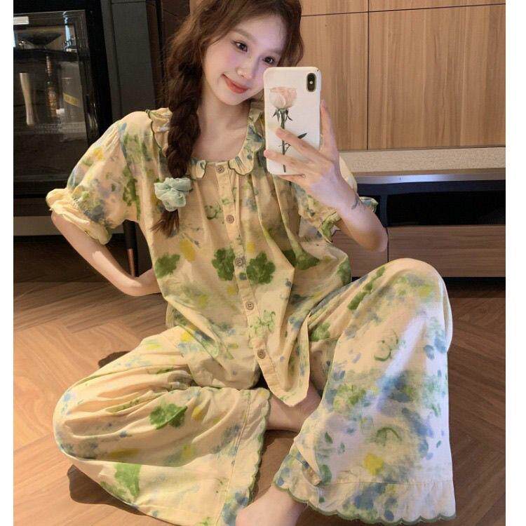夏季纯棉睡衣女士新款刺绣