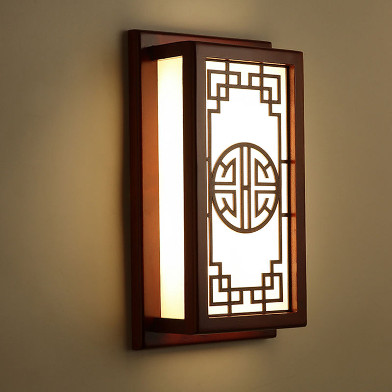现代中式实木壁灯床头灯仿古阳台过道卧室灯具新中式工程壁灯雕花