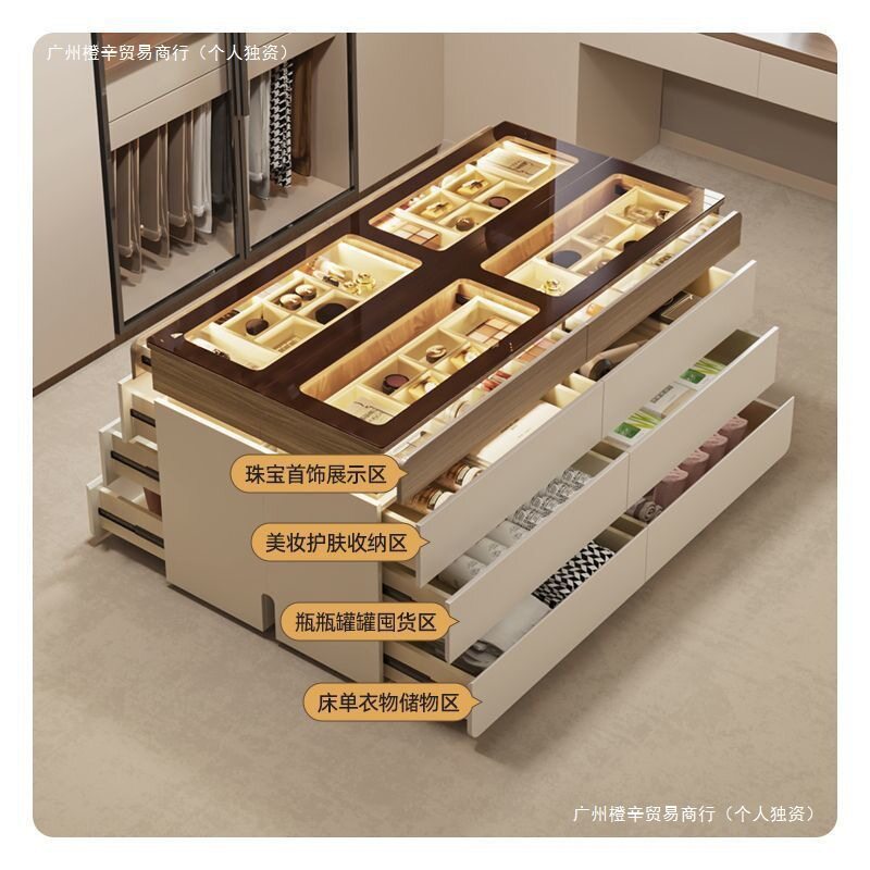 衣帽间中岛柜感大容量双面储物斗柜多功能带灯家用首饰展示柜木
