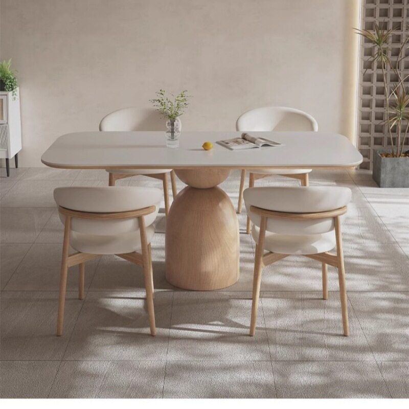 奶油风原木色岩板餐桌椅组合哑光纯白家用小户型实木长方形饭桌子