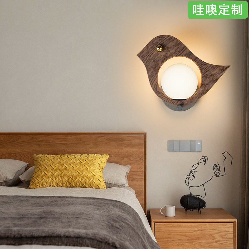 【哇噢】壁灯中古风胡桃木色小鸟装饰灯儿童房温馨墙灯创意美观