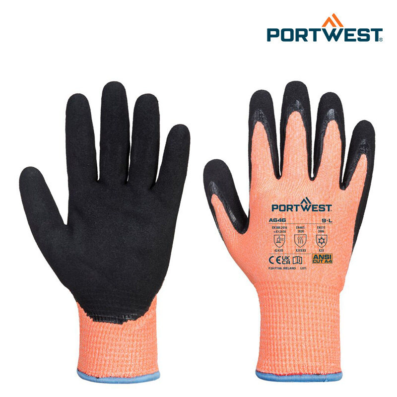 Portwest耐磨防滑隔热浸胶保暖防护劳保防切割手套A646