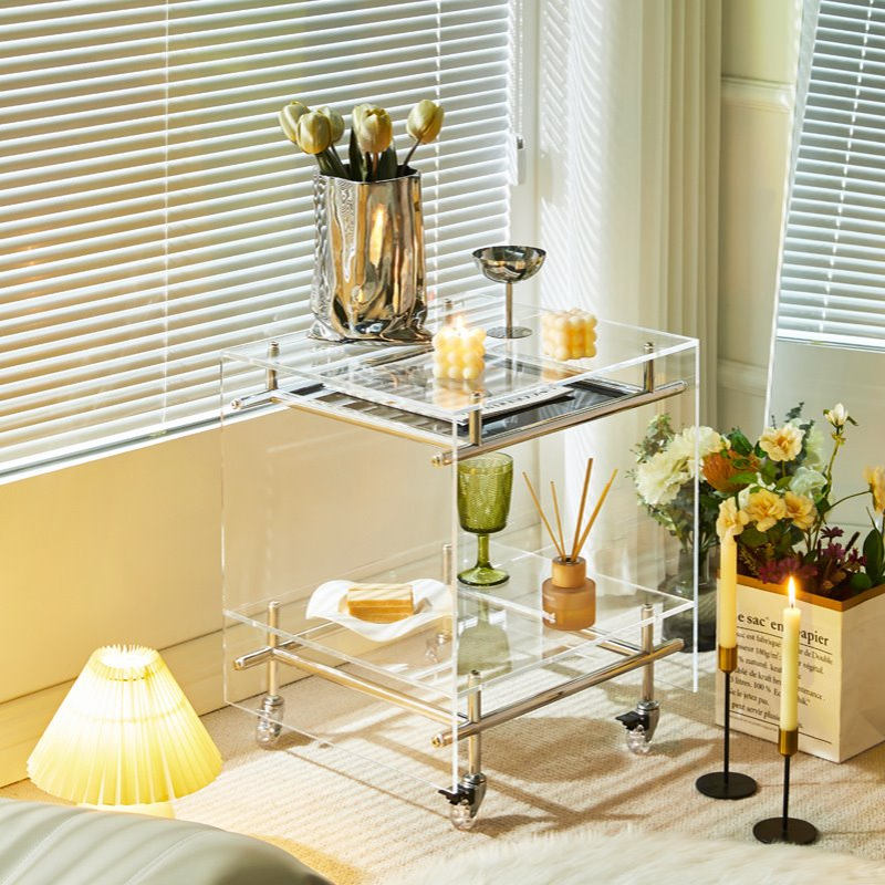 ins不锈钢亚克力小推车玻璃边几置物架家用简约移动床头柜酒餐车