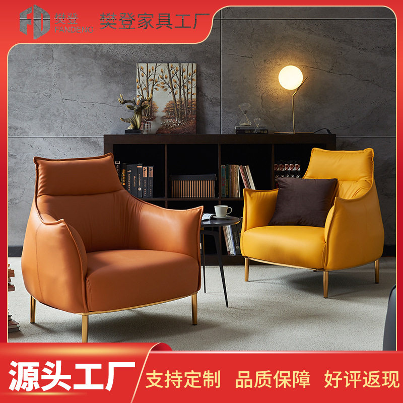 北欧单人沙发家用客厅卧室老虎椅轻奢酒店民宿皮艺金属休闲沙发椅