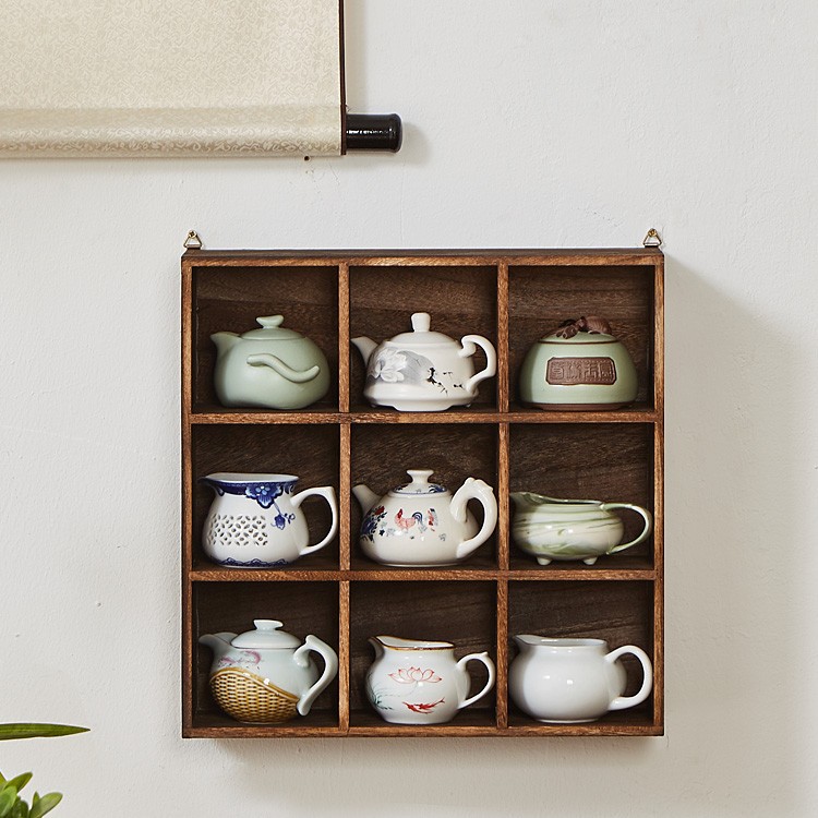 实木中式壁挂多宝格茶具架