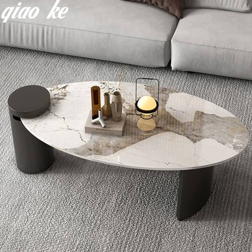 意式轻奢茶几小户型简约现代椭圆形茶几客厅家用岩板茶几网红新款