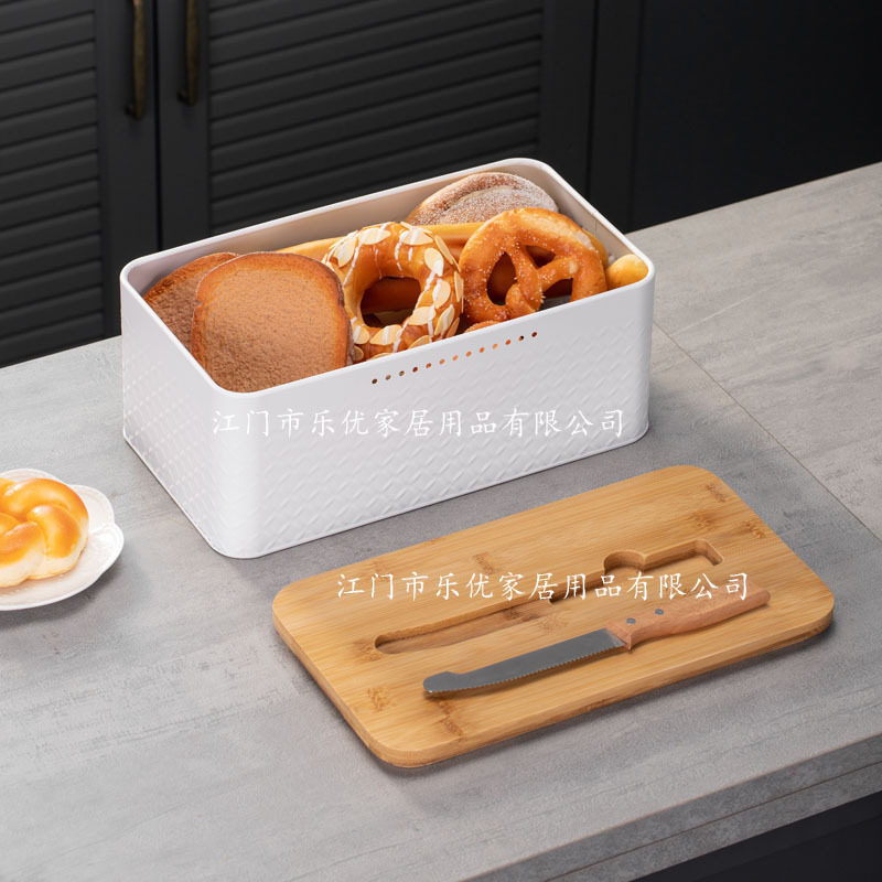 亚马逊家用金属面包箱配刀铁艺食品收纳罐透气保鲜方形花纹面包盒